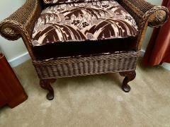 Wicker High Back Art Deco Chair and Stool with Original Fabric - 1600989