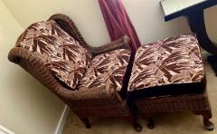 Wicker High Back Art Deco Chair and Stool with Original Fabric - 1600993