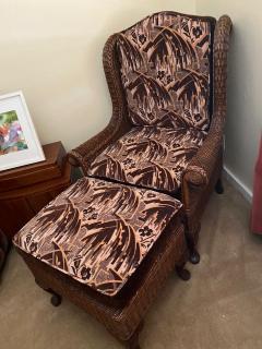 Wicker High Back Art Deco Chair and Stool with Original Fabric - 1601003