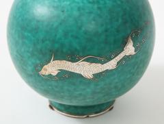 Wilhelm K ge ALMOST MATCHED PAIR OF GREEN GLAZED CERAMIC AND SILVER ARGENTA VASES - 2460473