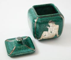 Wilhelm K ge Green glazed ceramic and silver Argenta jar by Wilhelm Kage for Gustavsberg - 1209755