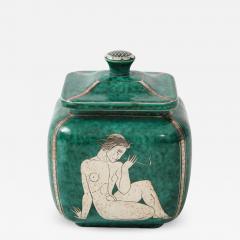 Wilhelm K ge Green glazed ceramic and silver Argenta jar by Wilhelm Kage for Gustavsberg - 1209766