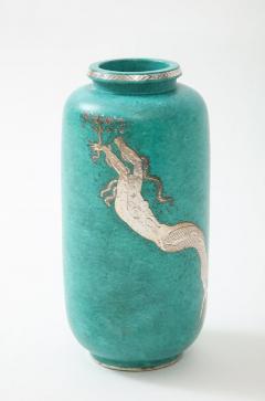 Wilhelm K ge Green glazed ceramic and silver Argenta vase by Wilhelm Kage for Gustavsberg - 1209723
