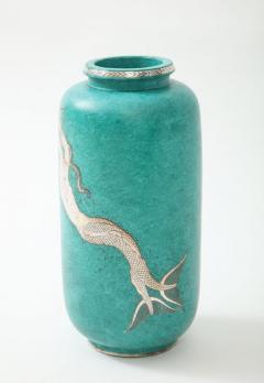 Wilhelm K ge Green glazed ceramic and silver Argenta vase by Wilhelm Kage for Gustavsberg - 1209724