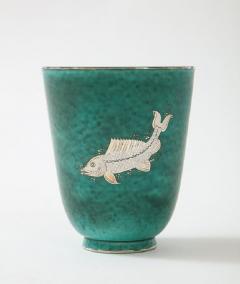 Wilhelm K ge Green glazed ceramic and silver Argenta vase by Wilhelm Kage for Gustavsberg - 1209736