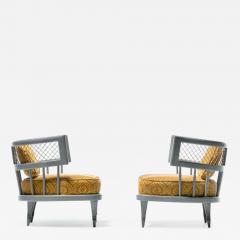 William Billy Haines Hollywood Regency Slipper Chairs of Walnut and Brass in Italian Cut Velvet - 3223605