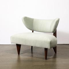 William Billy Haines Mid Century Walnut Pale Aquamarine Velvet Slipper Chairs by Billy Haines - 3861452