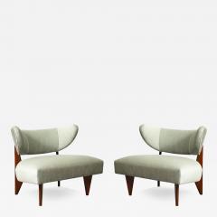 William Billy Haines Mid Century Walnut Pale Aquamarine Velvet Slipper Chairs by Billy Haines - 3864467