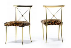 William Billy Haines Pair of Billy Haines Brass Neoclassical Side Chairs in Leopard Velvet Leather - 3069942