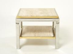 Willy Rizzo Two Tier brass chrome travertine end table Willy Rizzo Flaminia 1970s - 2257551