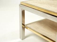 Willy Rizzo Two Tier brass chrome travertine end table Willy Rizzo Flaminia 1970s - 2257554