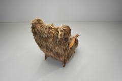 Wingback Armchair in Brown Longhair Sheepskin Denmark 1960s - 4303569