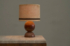 Wonderful Table Lamp in Carved Wood with Shade in Woven Jute 1960s - 4803500