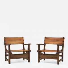 Wood and Cognac Leather Spanish Chairs Europe 1960s - 2517504