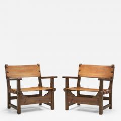 Wood and Cognac Saddle Leather Spanish Chairs Europe 1960s - 2498888