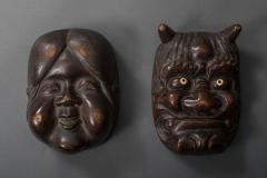 Wooden Carved Box of Otafuku and Oni Good and Evil  - 297011