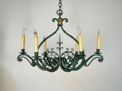 Wrought Iron Industrial Green Painted Chandelier Circa 1930s - 3402758