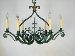 Wrought Iron Industrial Green Painted Chandelier Circa 1930s - 3402759