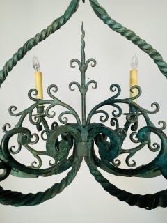 Wrought Iron Industrial Green Painted Chandelier Circa 1930s - 3402760
