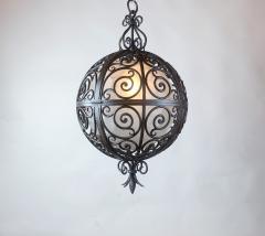 Wrought Iron Round Suspension Lamp with Interior Glass Sphere - 2941575