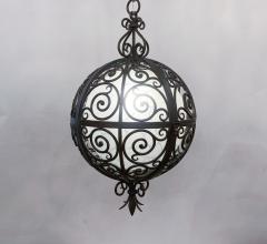 Wrought Iron Round Suspension Lamp with Interior Glass Sphere - 2941579