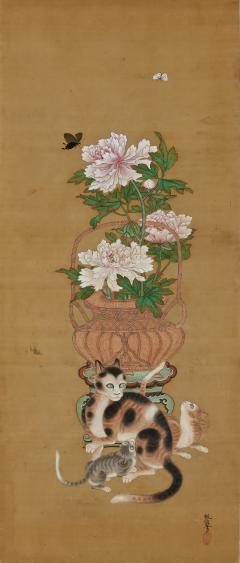 Yoshu Chikanobu 19th Century Japanese Silk Painting by Kano Chikanobu Cats Butterflies  - 3810441