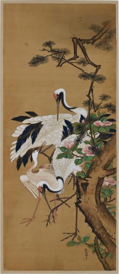 Yoshu Chikanobu 19th Century Japanese Silk Painting by Kano Chikanobu Cranes Pine Camelia  - 3720291