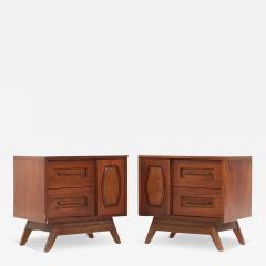 Young Manufacturing Mid Century Walnut and Burlwood Nightstands Pair - 3698521