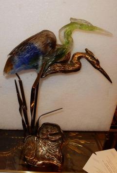 Yves Lohe Bronze Heron and Molten Glass Signed Lohe 1970 1980 - 2446494