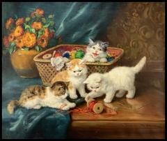Yvonne Laur 19th Century Oil on Canvas Painting of Kittens Cats Cat Playing - 3880460