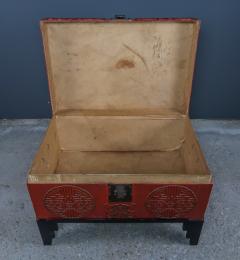 c1880 Chinese Red Painted Leather Trunk w Bronze Applied Decor - 2321819