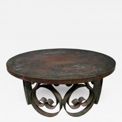 c1940 Circular Scroll Wrought Iron Coffee Table w Embossed Copper Top - 2244429