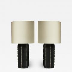 gilles caffier Pair of Black Ceramic and Leather Table Lamps - 1512603