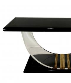 muriel rudolph American Modern Black Lacquer Lucite Brass Banded Console Rudolph Collection - 4273152