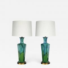 stylish pair of mid century modern blue and green drip glaze hexagonal lamps - 1203773