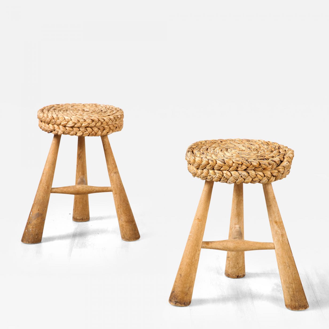 Adrien Audoux and Frida Minet Pair of Rush Stools with Tripod Legs, France,  1950