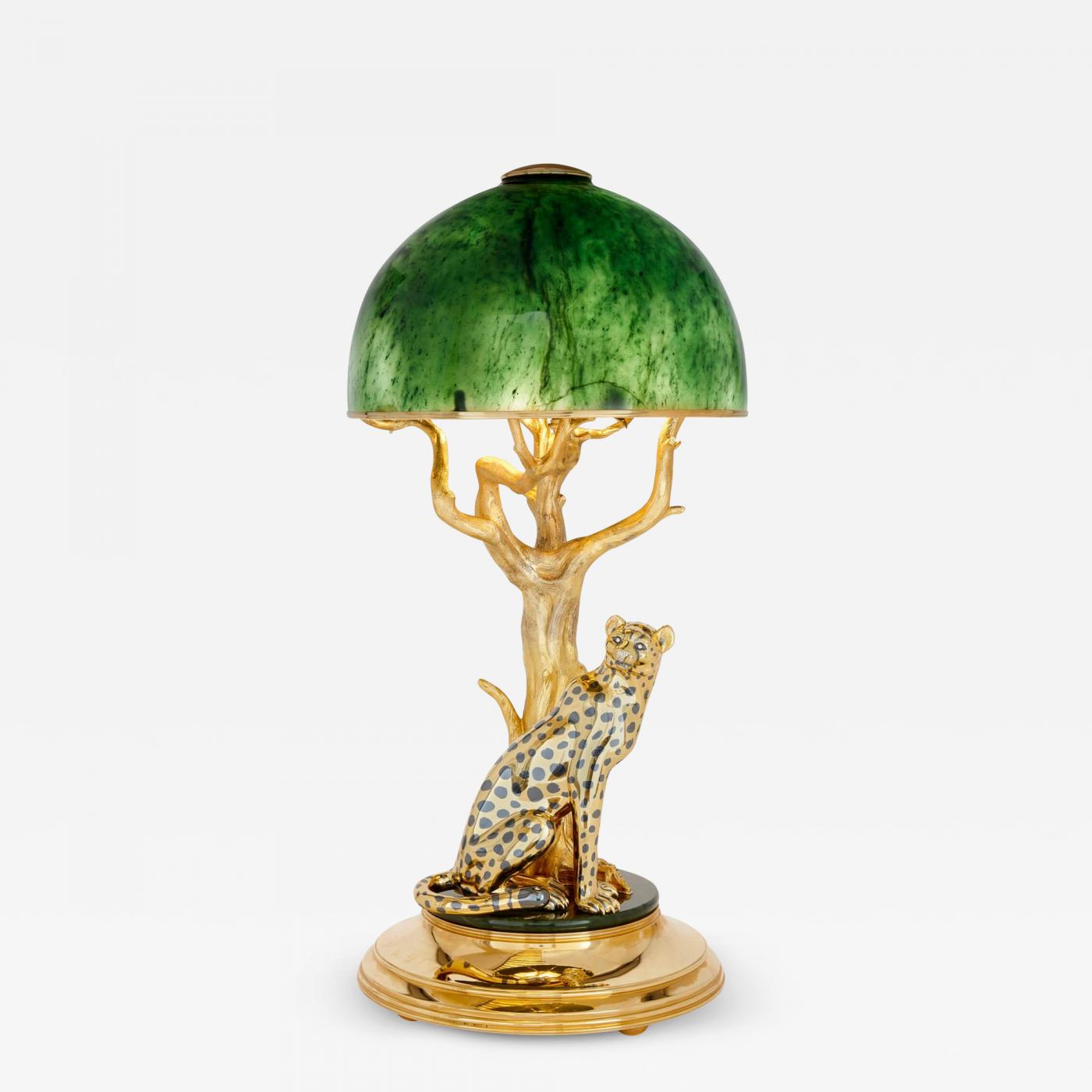 Asprey - Nephrite, diamond, gilt metal lamp with a cheetah by Asprey