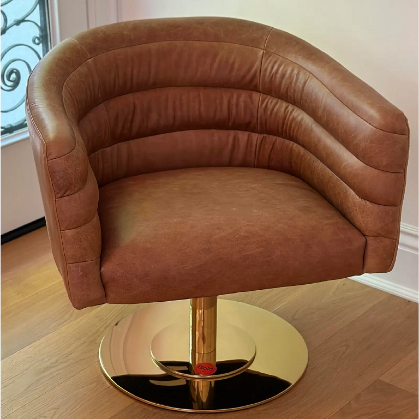 CB2 Cb2 Mid Century Modern Style Leather Barrel Swivel Chair With