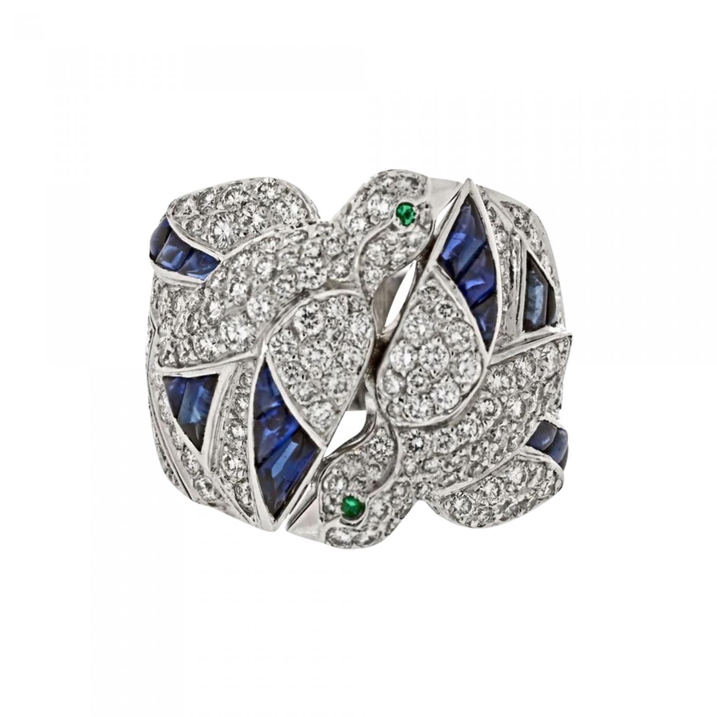 CARTIER 18K WHITE GOLD DIAMOND AND SAPPHIRE DOVE RING