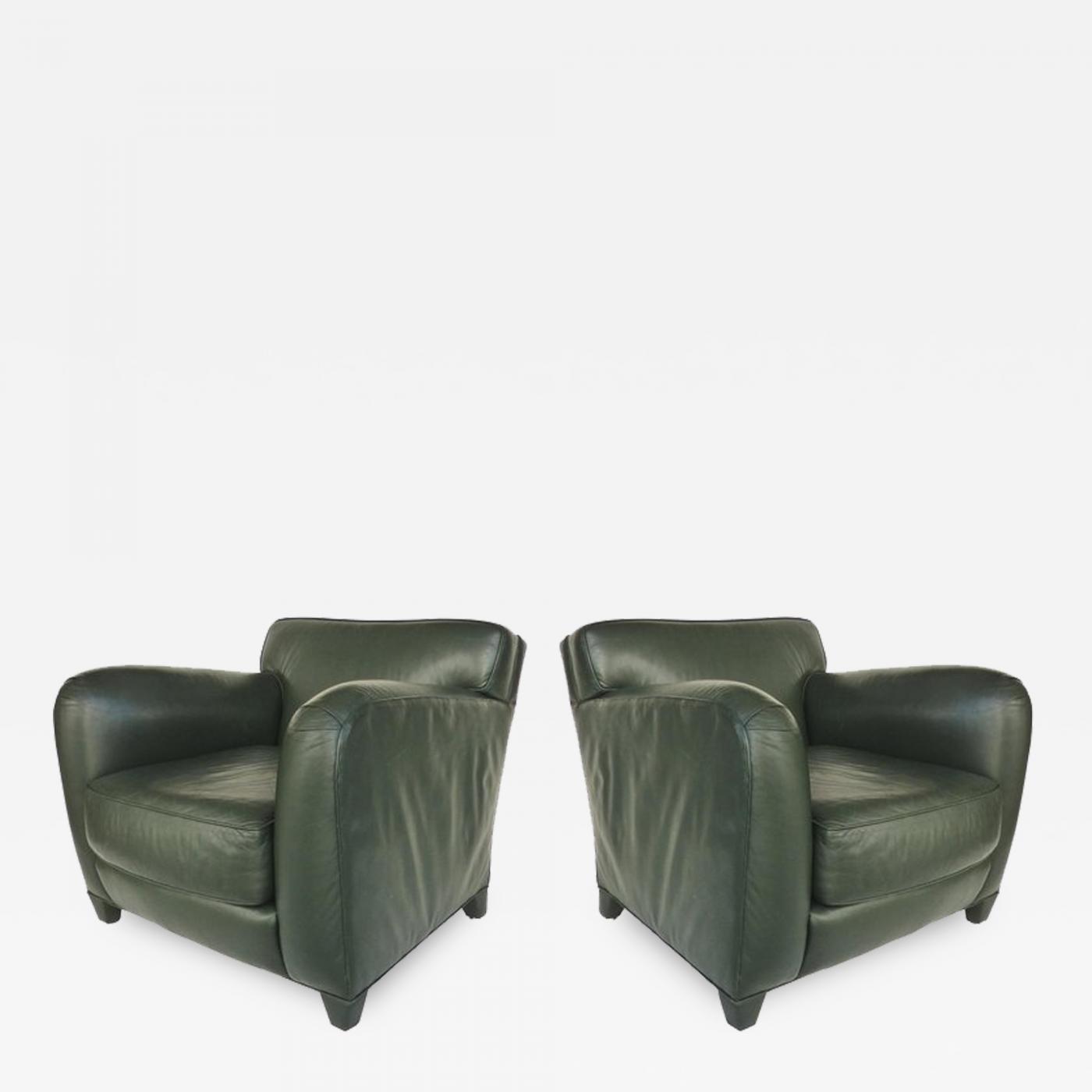 Donghia Donghia Leather Club Chairs From The Main Street Collection In Forest Green