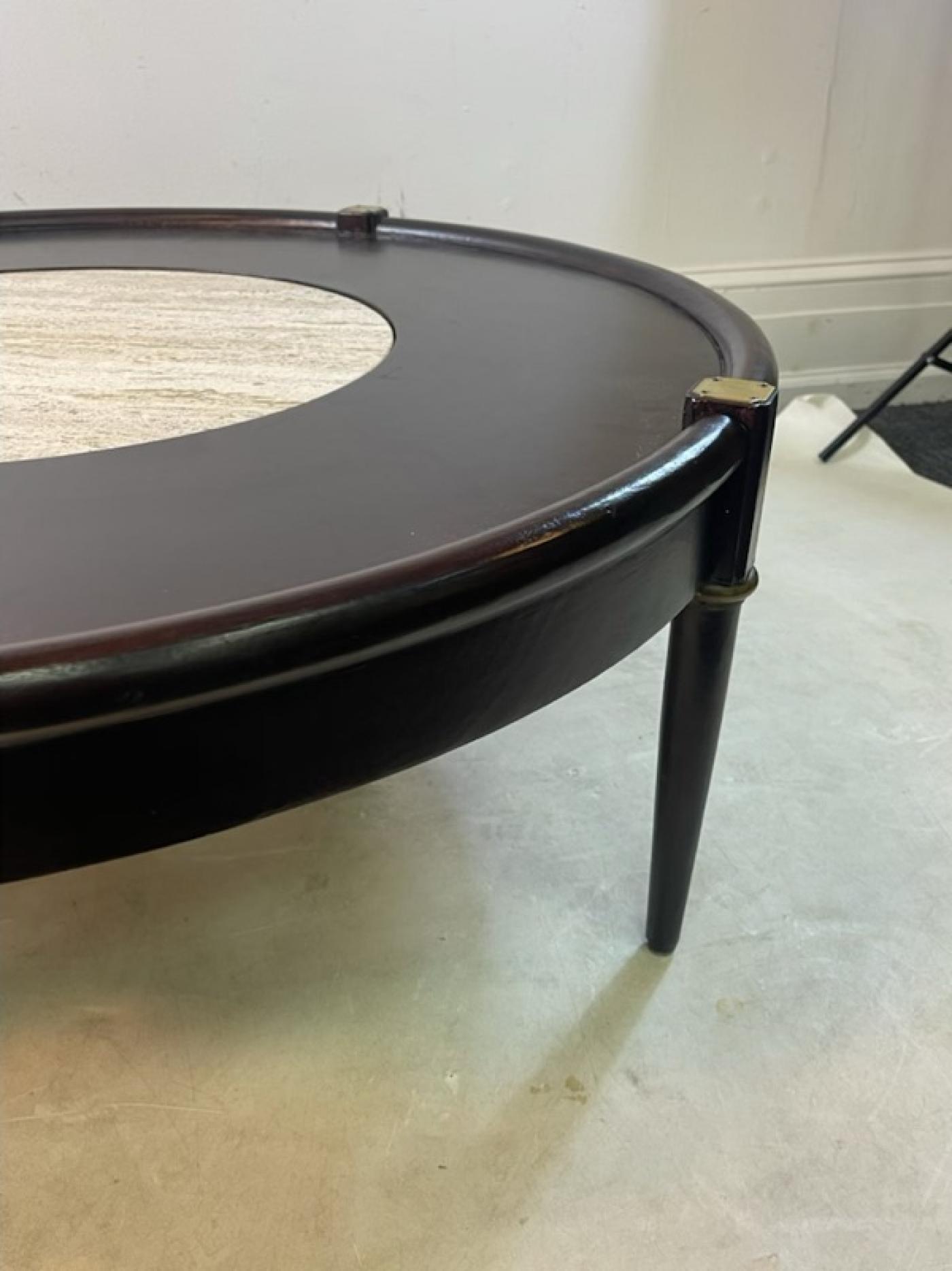 Dunbar MODERNIST TRAVERTINE BRASS AND WOOD COFFEE TABLE