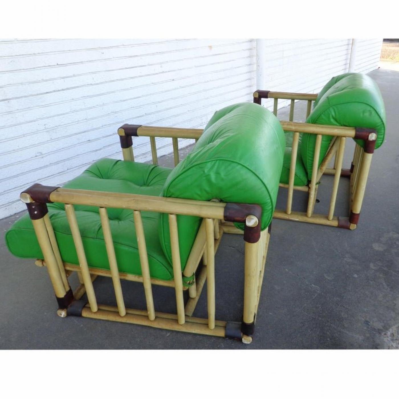 Ficks Reed - Pair of Original Bamboo Tufted Green Rattan Lounge Chairs ...
