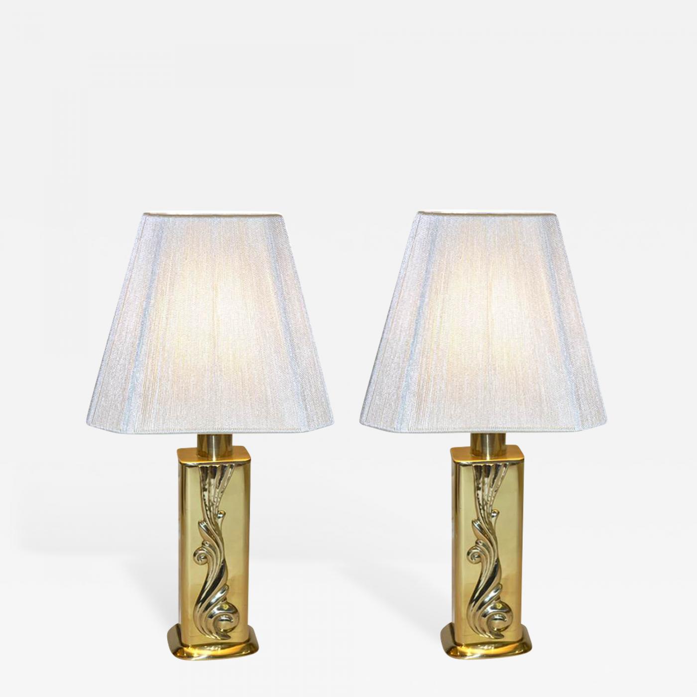 Vintage Pair of Brass Table Lamps with White Shades