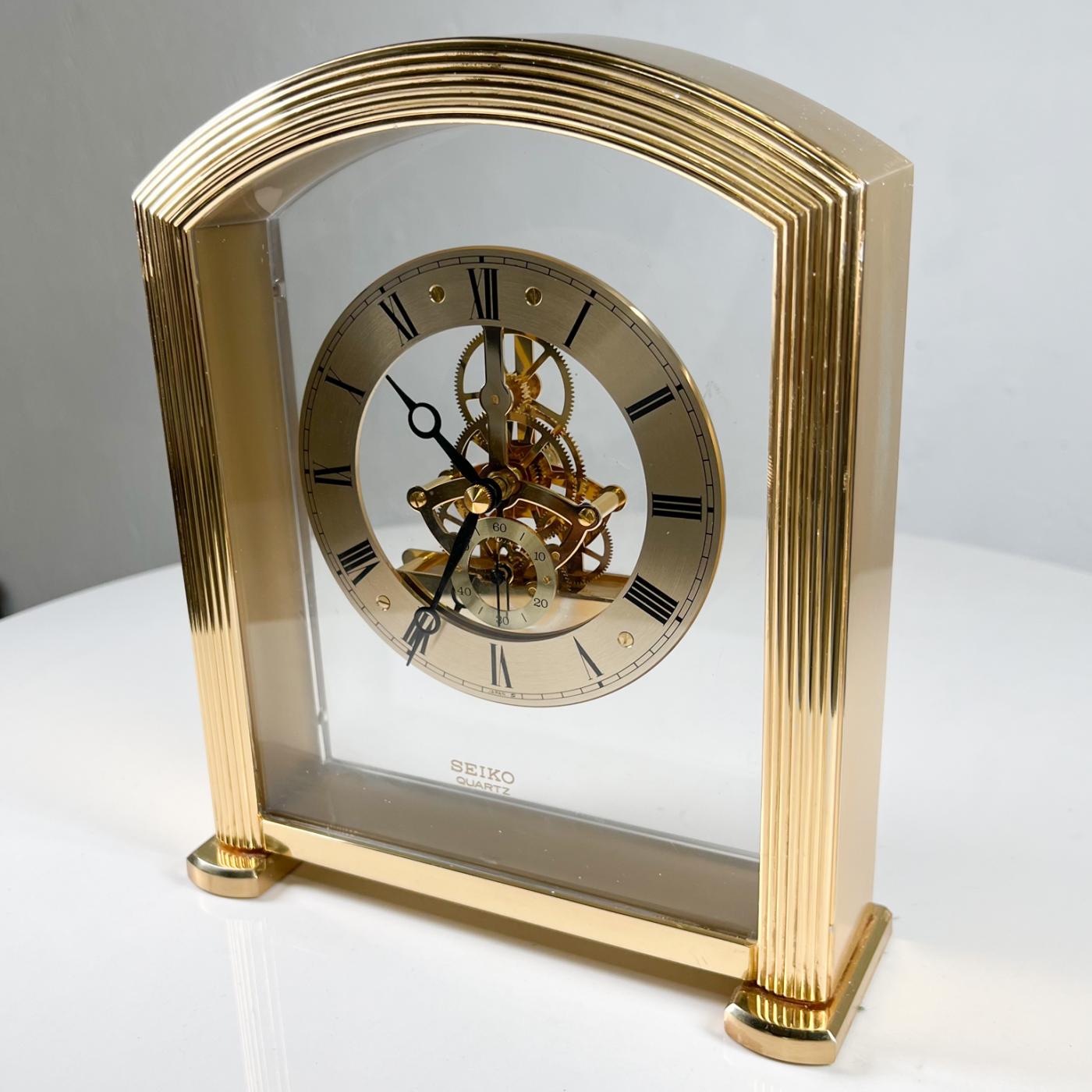 Seiko 1980s Modern Seiko Quartz Skeleton Desk Clock in Brass