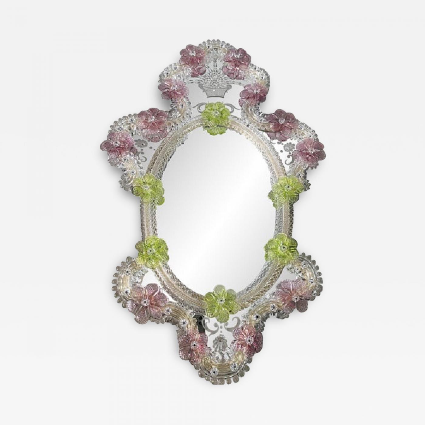 Venetian Oval Green and Pink Floreal Hand-Carving Mirror in