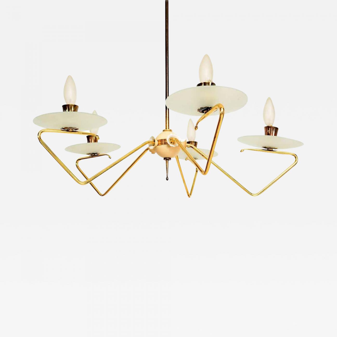 Stilnovo Stilnovo Italian Modern Five Arm Italian Chandelier Brass And Glass