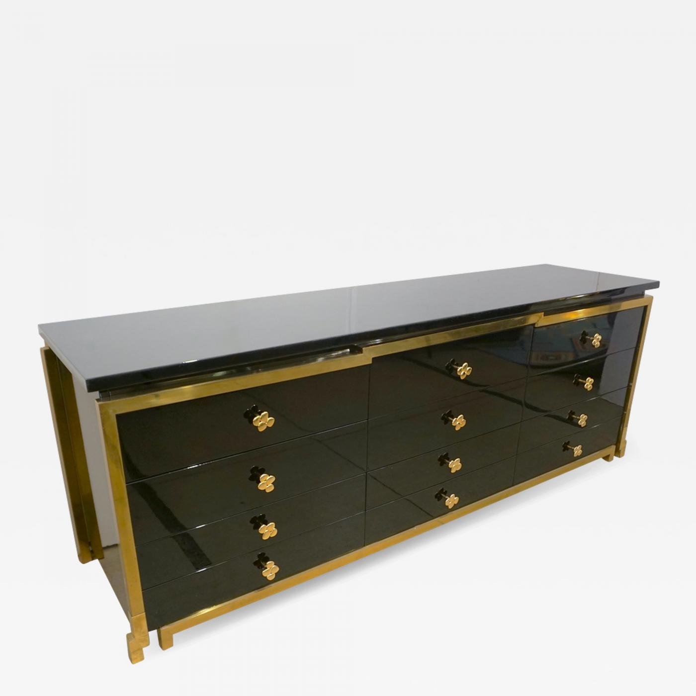 Late 20th Century French Custom Black Lacquer & Brass D'ore Commode Late 20th Century French Custom Black Lacquer & Brass D'ore Commode