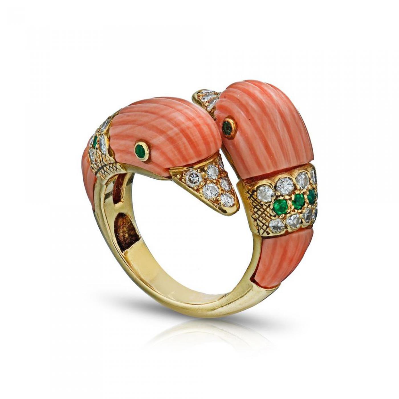 Twin Red Coral & Diamond Ring 18K Yellow Gold