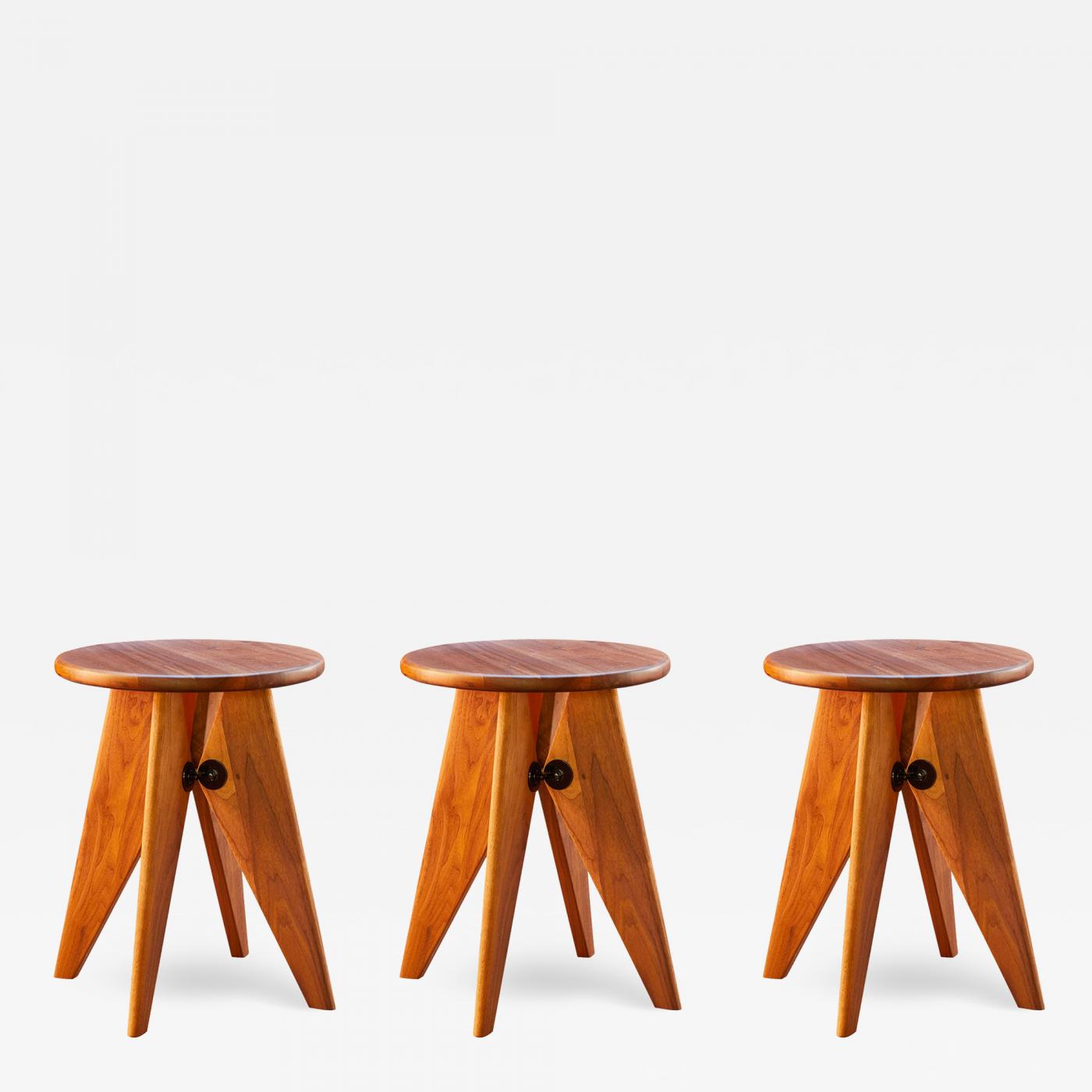 American - Jean Tabouret of in Vitra Set 3 Walnut Solvay Prouvé Stools