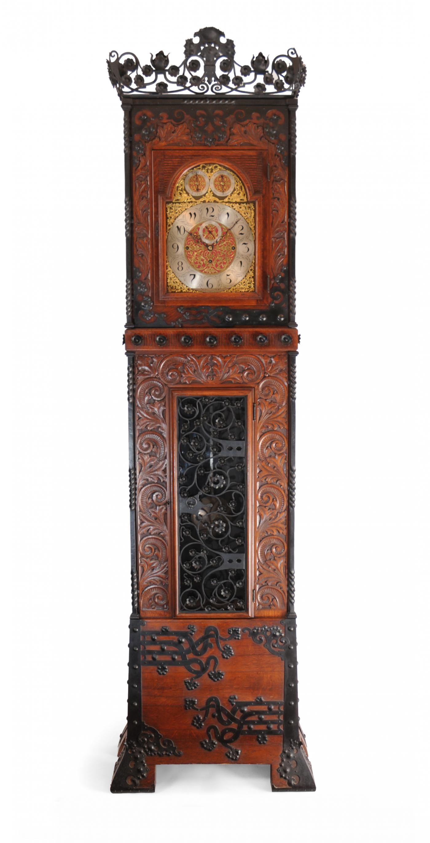 Rare and Important Oak and Wrought Iron Tall Aesthetic Movement Case Clock